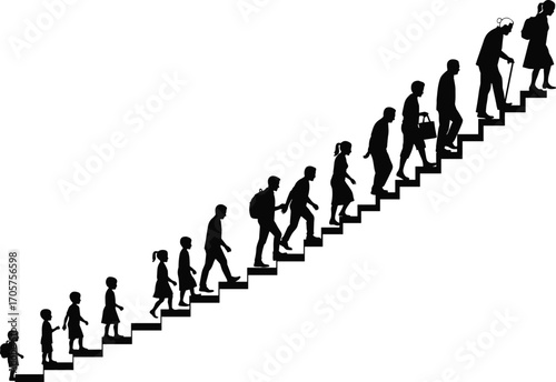 Silhouette illustration showing human life stages from childhood to old age walking upstairs, growth, aging process, time passing concept.
