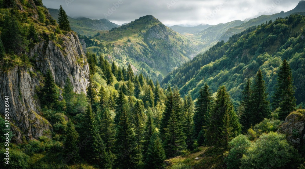 Fototapeta premium Verdant mountainside view; rolling hills with forest cover create a rich green texture under a cloudy sky