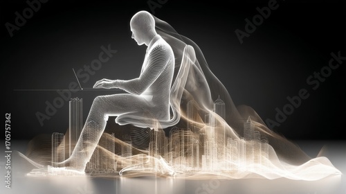 A person sits in a transparent chair atop a digital city skyline,
