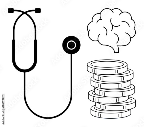 Stethoscope, illustrated brain, and coin stack representing healthcare, mental health, financial stability, and investment. Ideal for concepts thumbs up wellness, economy, medical research