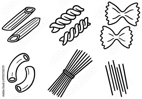 A set of pasta of different shapes scattered on a background