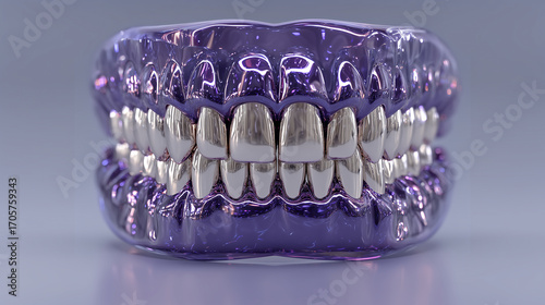 Transparent 3D Jaw with White Teeth – Holographic Glass Skull Anatomy Concept on Blue Background