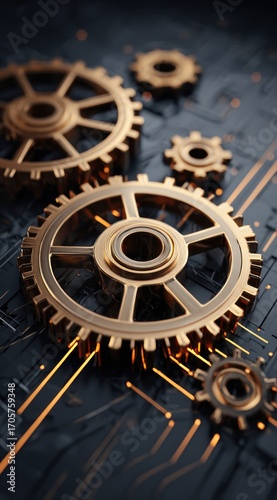 Gears rest on dark surface with orange circuit-like patterns. Metallic gears range in size; focus is on the large one near the lower-left