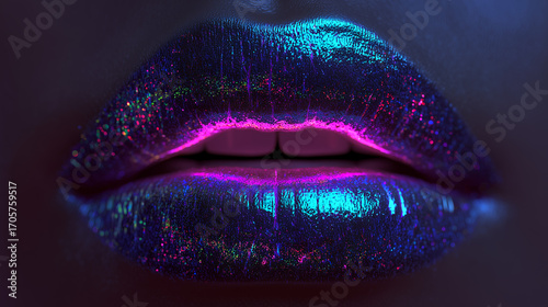 Close-up of Iridescent Neon Lips with Purple and Blue Glow – Futuristic Beauty Makeup under UV Light