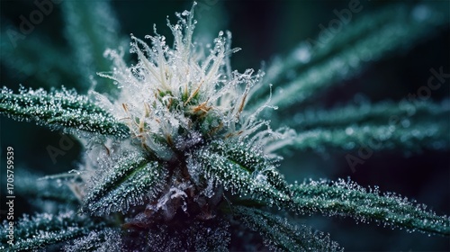 Close-up of a frosty cannabis bud with vibrant green leaves, covered in glistening trichomes against a dark, blurred background