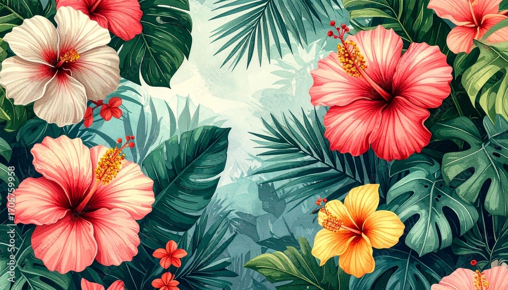custom made wallpaper toronto digitalTropical floral wallpaper with hibiscus flowers. Jungle mural with palm and hibiscus leaves. Seamless botanical print with tropical plants.