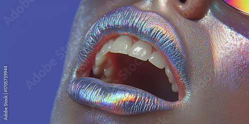 Open Mouth with Holographic Glossy Lips in Iridescent Light – Futuristic Beauty Concept