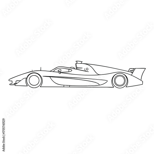 A sleek modern openwheel formula race car shown in a side profile line art illustration.
