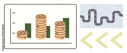 Stacked coins on a bar chart represent financial growth zigzag road on a map suggests planning arrows indicate direction or movement. Ideal for finance, planning, strategy, growth, direction
