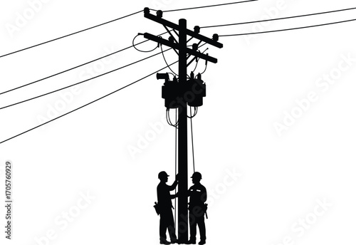 Silhouette Vector Illustration of Two Utility Workers Inspecting Power Lines on Electrical Pole for Maintenance, Safety, and Energy Infrastructure Concept