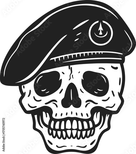 Human skull wearing military beret, black and white illustration skeleton head, soldier emblem, tattoo, gothic design