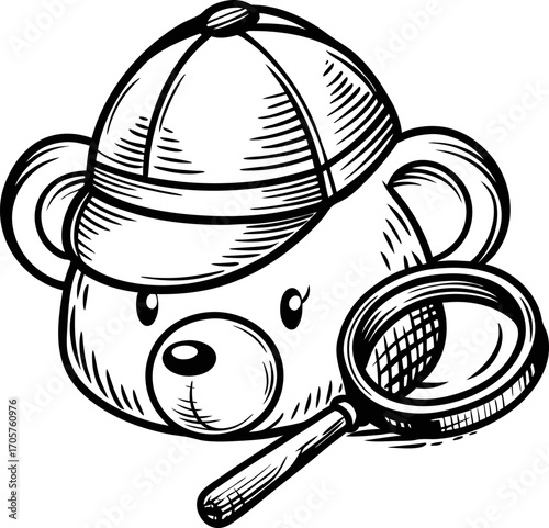 Detective bear illustration cute animal with hat and magnifying glass for kids, mystery, investigation or playful design