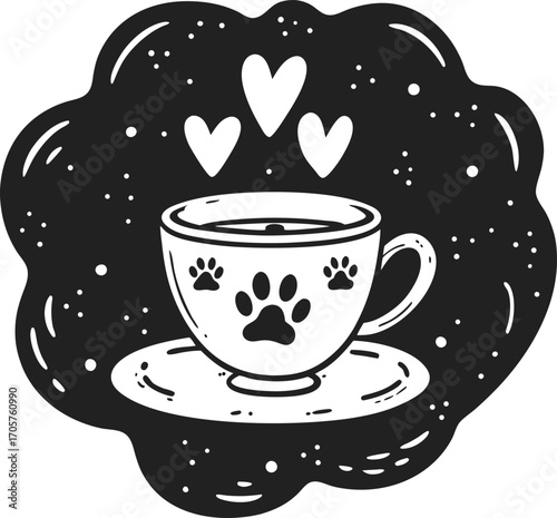 Cat lover's coffee mug with paw print and heart symbols, cozy tea cup illustration, pet owner appreciation concept