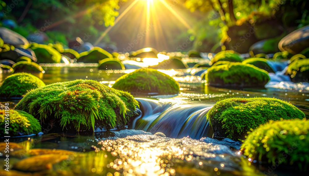 Fototapeta premium Sunlit Mossy Stream in Forest