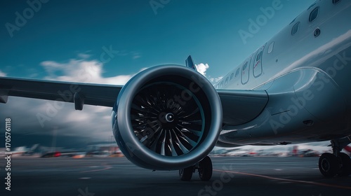 Close-up of an airplane engine with rotating blades against a backdrop of a blurred cityscape under a cloudy blue sky, conveying speed and flight