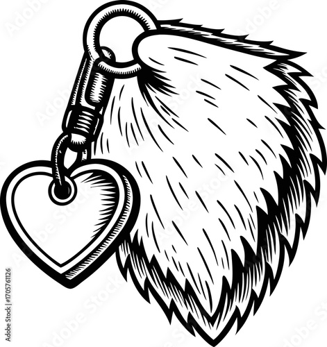 Furry tail keychain with heart charm, hand drawn accessory design, fashion detail, monochrome illustration