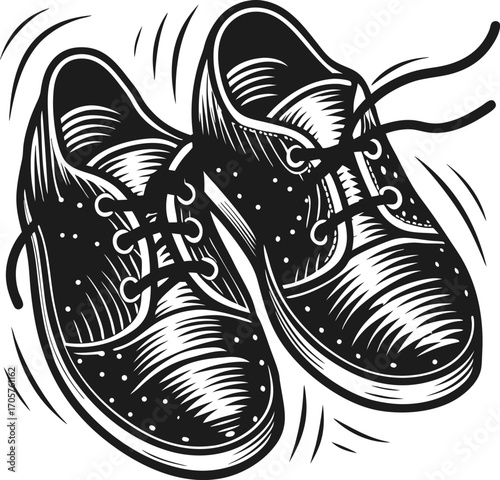 Classic lace up shoes in motion black and white vintage illustration of footwear with dynamic movement and untied laces