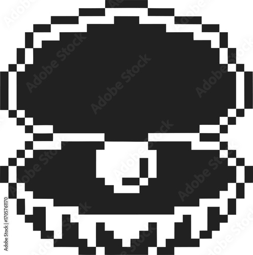 Pixel art clam shell with pearl inside, retro black and white sea life, treasure discovery under the ocean