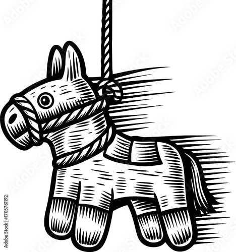 pinata illustration, hand drawn donkey hanging with rope festive party decoration, traditional celebration, mexican culture art