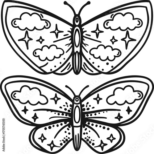 Whimsical butterflies with clouds and stars, black and white outline illustration, fantasy insect art, celestial themed design