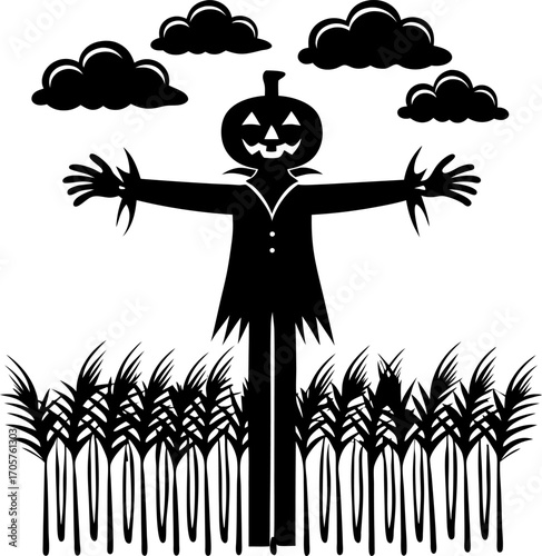 Scarecrow with jack o' lantern head in wheat field under cloudy sky, autumn halloween decoration, farmland landscape illustration