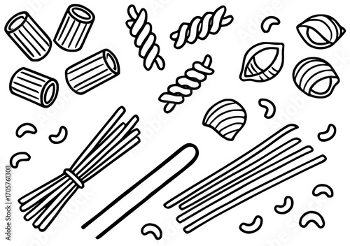 Pasta of different shapes (tubes, spirals, shells, spaghetti)