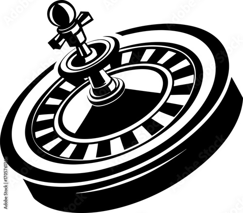 Roulette wheel illustration classic casino gambling game, black and white spin symbol with ball and numbered pockets