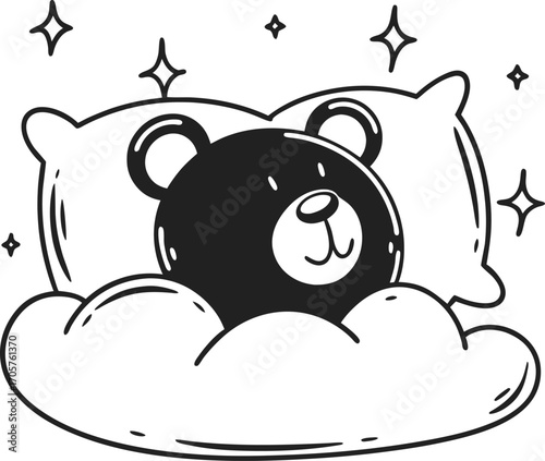 Cute plush bear resting on soft cloud with pillows and sparkling stars, adorable bedtime illustration for nursery design