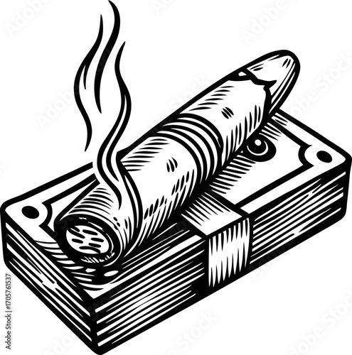 Cigar resting on stack of cash smoking luxury, wealth, expensive habit, opulence, financial success, risk, lifestyle