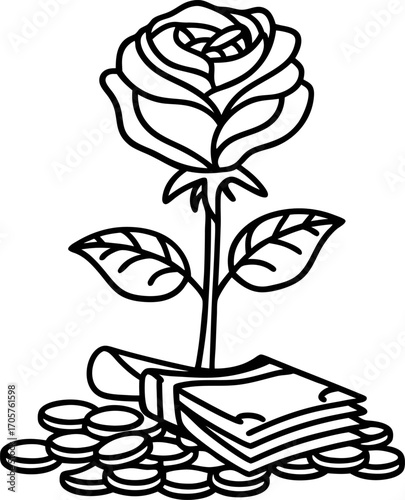 Rose growing from banknotes and coins, symbolizing financial growth, investment, prosperity, wealth, and flourishing fortune