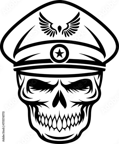 grinning skull in military officer hat with eagle emblem edgy monochrome tattoo design, rebellious punk gothic