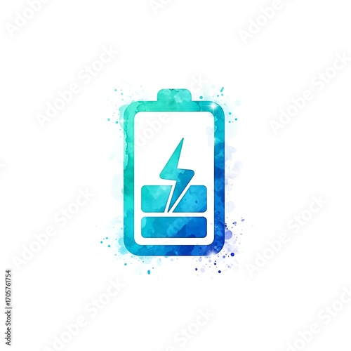 Battery icon with lightning symbol in watercolor painting style  