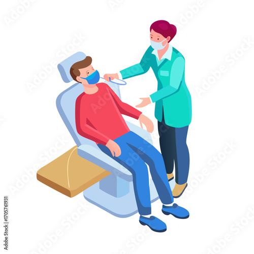 Dentist examining patient during dental checkup in clinic chair vector illustration
