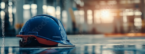 Construction Site With Blue Hard Hat Resting on Polished Floor During Sunset