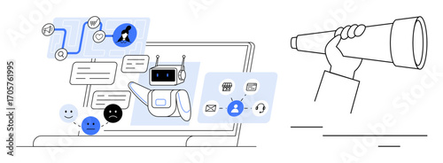 AI-powered chatbot on a laptop screen with chat bubbles, user icons, emotions, and task data. Hand holding a telescope symbolizes strategy, exploration, and foresight. Ideal for technology