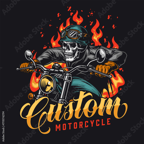 Custom motorcycle rider with fire background