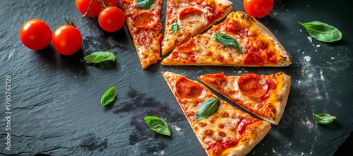 Freshly Baked Pizza With Pepperoni Slices, Basil, and Ripe Tomatoes on a Dark...