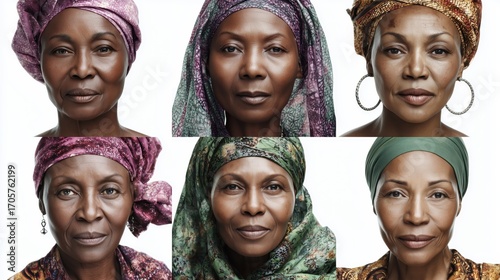 Set of photorealistic portraits of African women of different ages, from young to elderly, on plain background, generative ai illustration