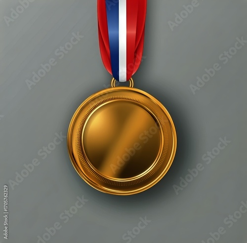 Gold Medal With Red, White, and Blue Ribbon Hanging Against a Gray Background