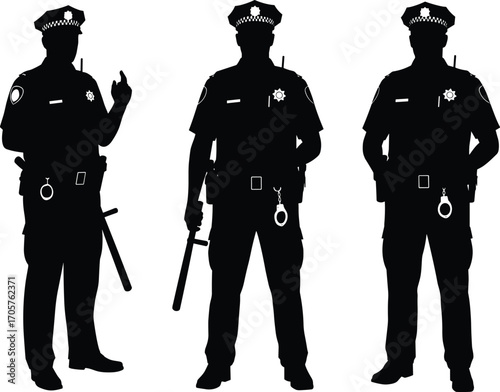 Silhouette Vector of Three Police Officers in Uniform with Equipment Standing in Different Poses for Law Enforcement and Security Concepts