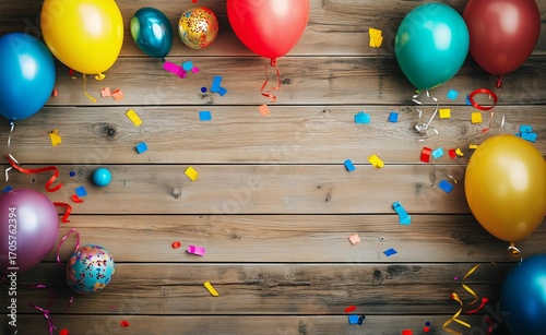 Colorful Balloons and Confetti Scattered on a Wooden Table for a Vibrant Cele...
