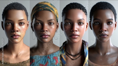 Set of photorealistic portraits of African women of different ages, from young to elderly, on plain background, generative ai illustration