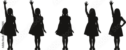 Silhouette Vector of Young Girls Standing and Raising Hands in Different Poses Isolated on White Background for Educational Design
