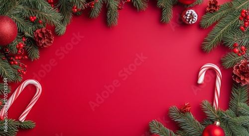 Festive Holiday Decorations With Red Background and Traditional Elements Show...