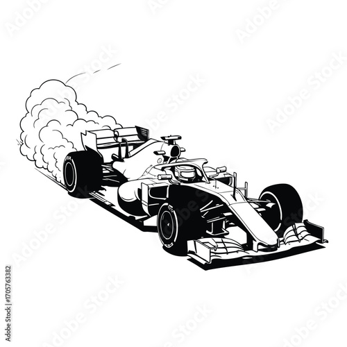 Black and white line art illustration of a modern Formula 1 race car speeding with a cloud of smoke.