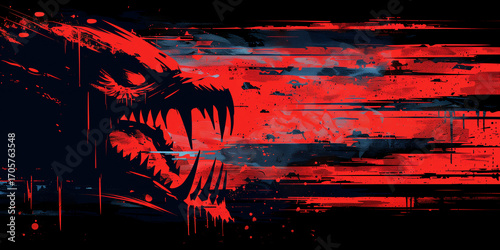 Red and Black Halloween Background with Sharp Teeth Monster in Abstract Horror Style