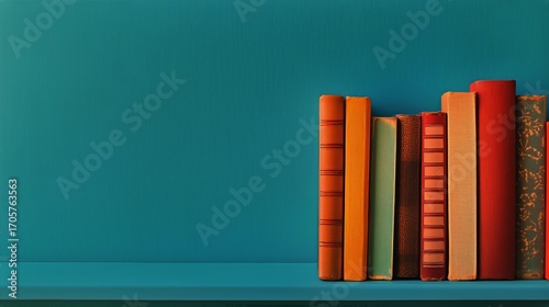 Colorful Vintage Books Arranged on a Bright Blue Shelf Showcasing Literary Di...