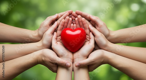 A Heart of Red Held by Multiple Hands Surrounded by Green Background Representing Love, Support, and Unity