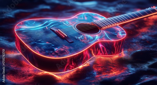 Colorful Acoustic Guitar Shines in Vibrant Lights Against a Dark Background