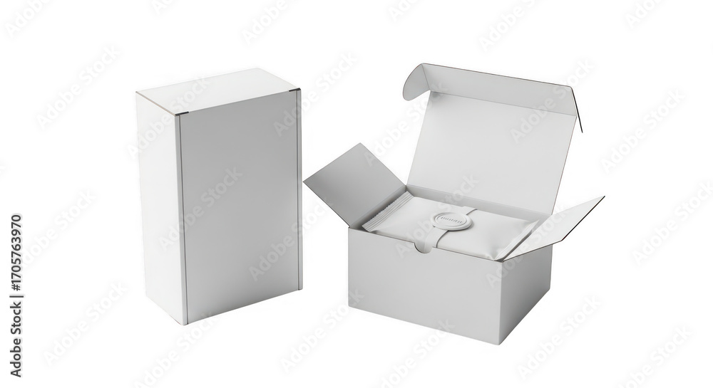 Obraz premium Two cardboard boxes, one open and one closed isolated on transparent background